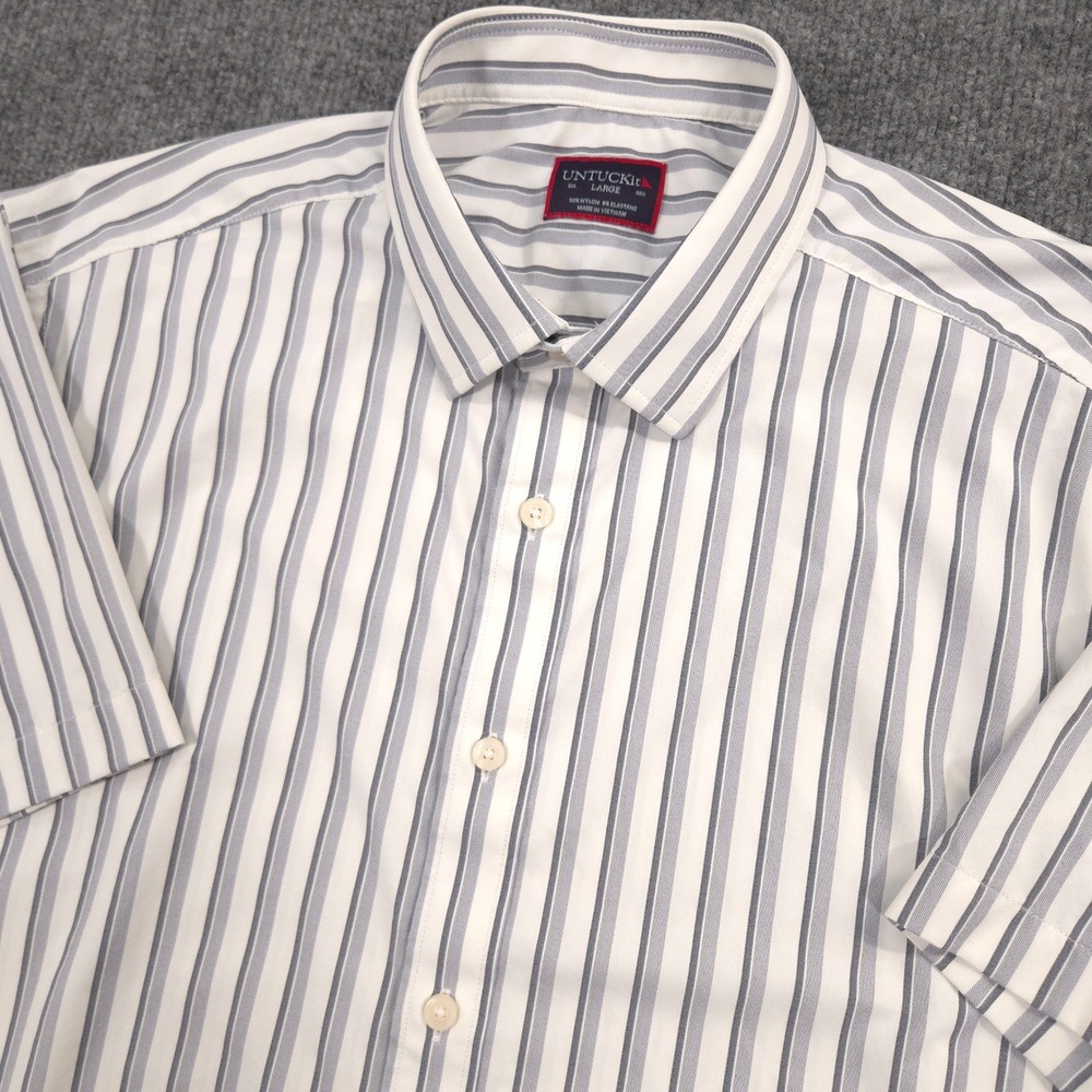 UNTUCKit Shirt Mens L White Gray Striped Bauman Performance Short Sleeve Preppy